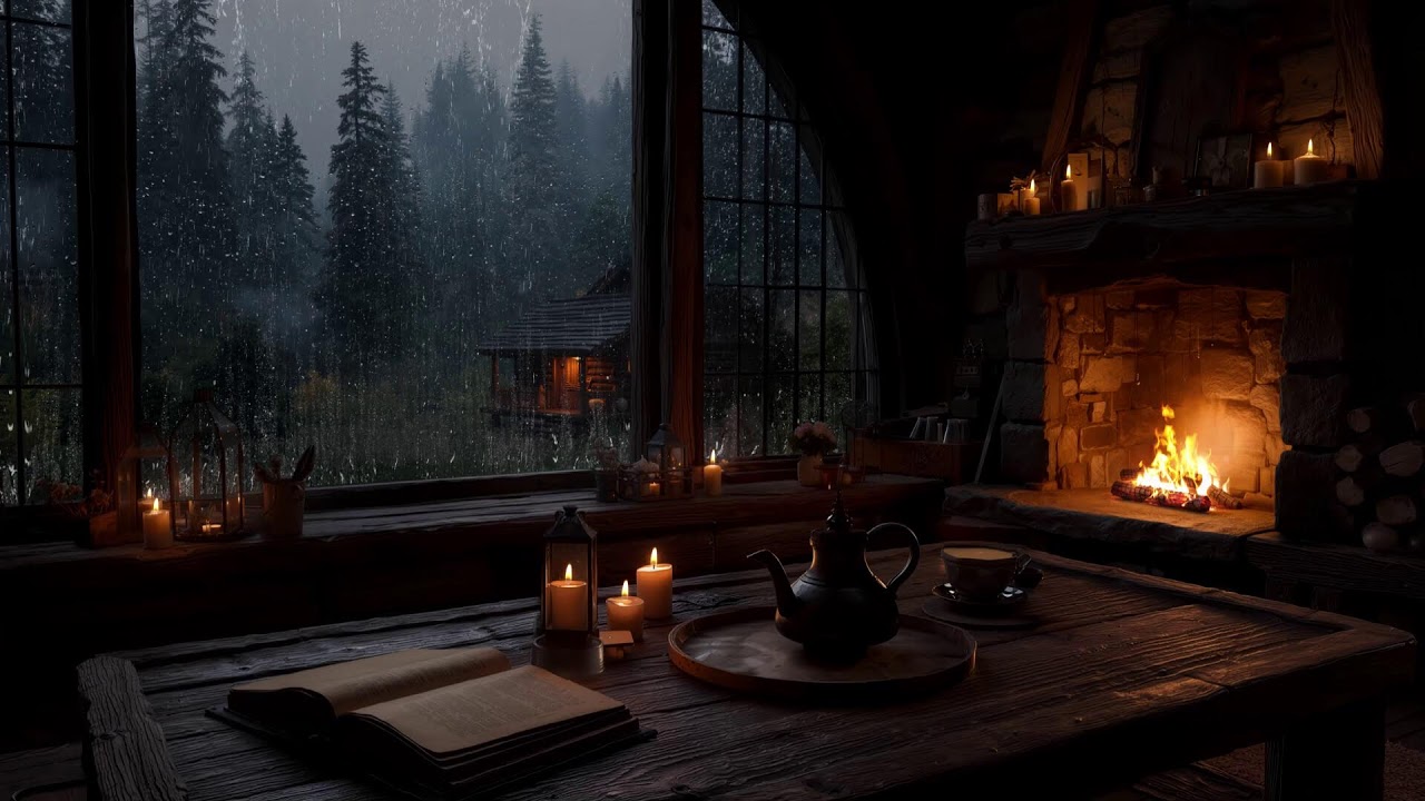 Soft Night Rain Wooden Cabin Ambience⛈️Heavy Rain Sounds & Fireplace, Calm Sleep Ambience For Sleep