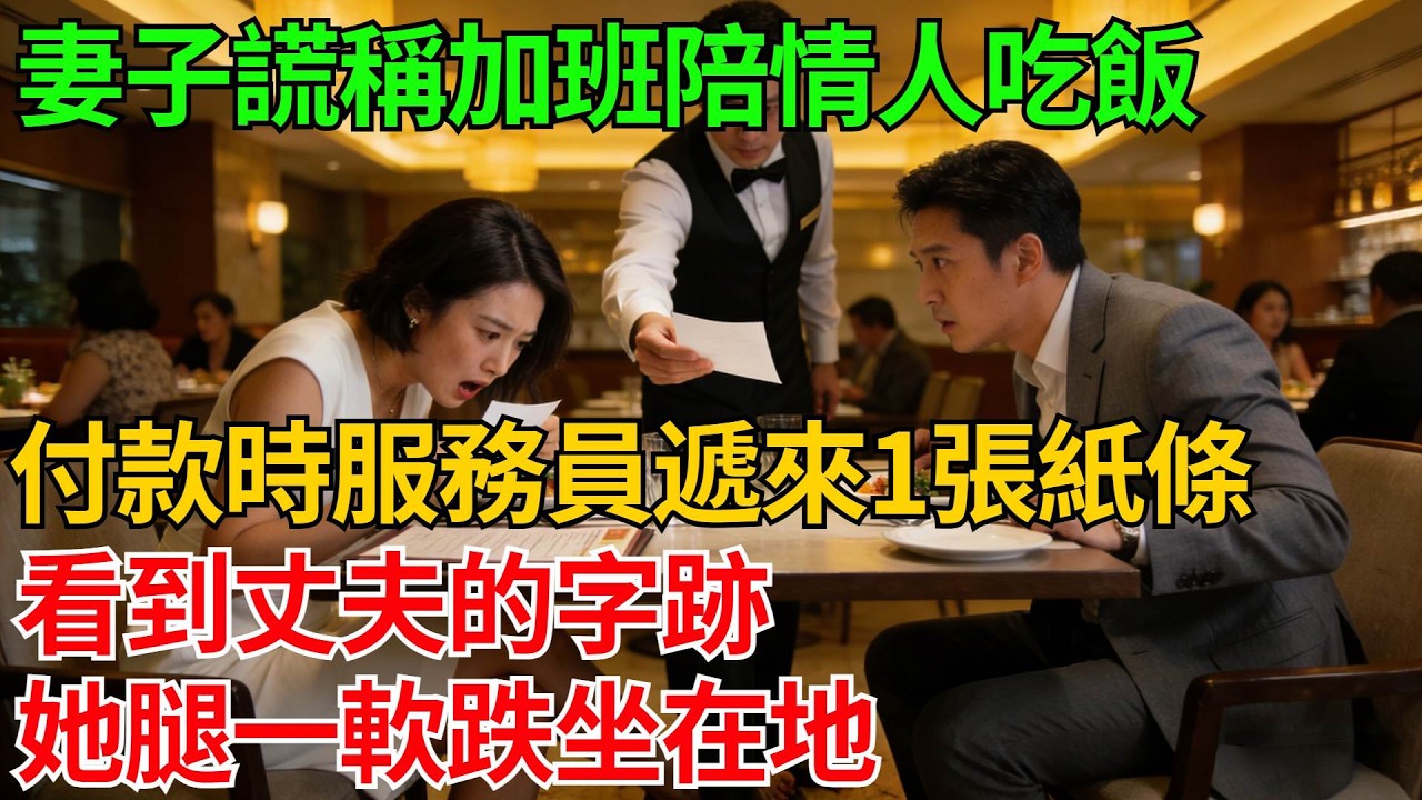 妻子謊稱加班陪情人吃飯，付款時服務員遞來一張紙條，看到丈夫的字跡她腿一軟跌坐在地【反轉情緣】#婚姻反转#冷静复仇#情感故事#夫妻#都市情感#职场情缘#短篇故事