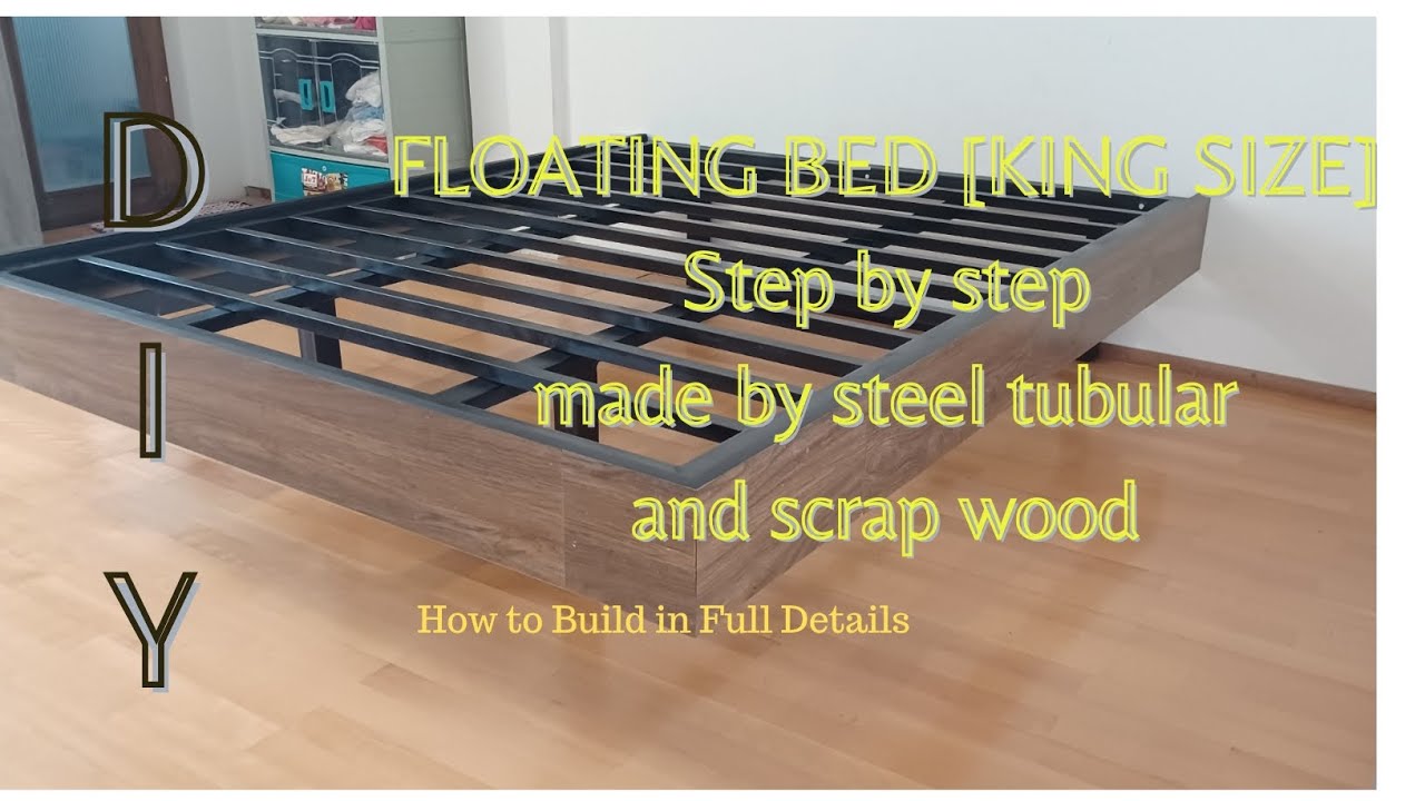 DIY MODERN FLOATING BED FRAME made by steel tubular & scrap wood parquet