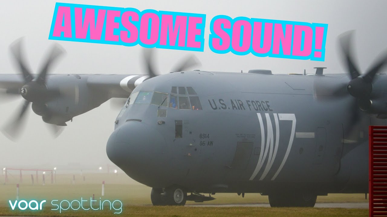U.S. Air Force Lockheed C-130 Hercules foggy takeoff at Zurich Airport