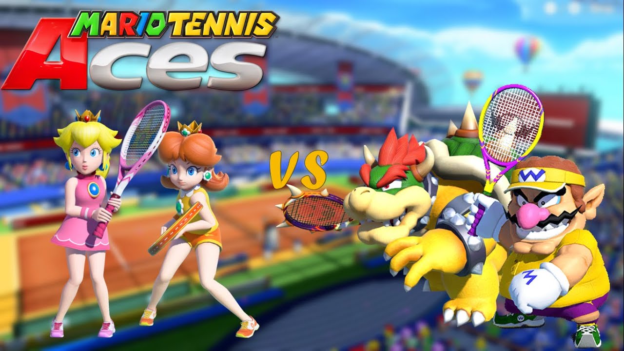 Mario Tennis Aces - Peach and Daisy vs Wario and Bowser - Marina Stadium (Clay)