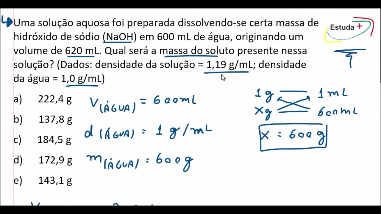 Calculando a massa de um soluto em uma solução pela densidade.