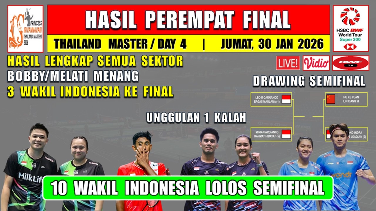 10 WAKIL INDONESIA KE SEMIFINAL ~ Hasil lengkap 8 Besar Thailand Master 2026 ~ 3 WAKIL KE FINAL