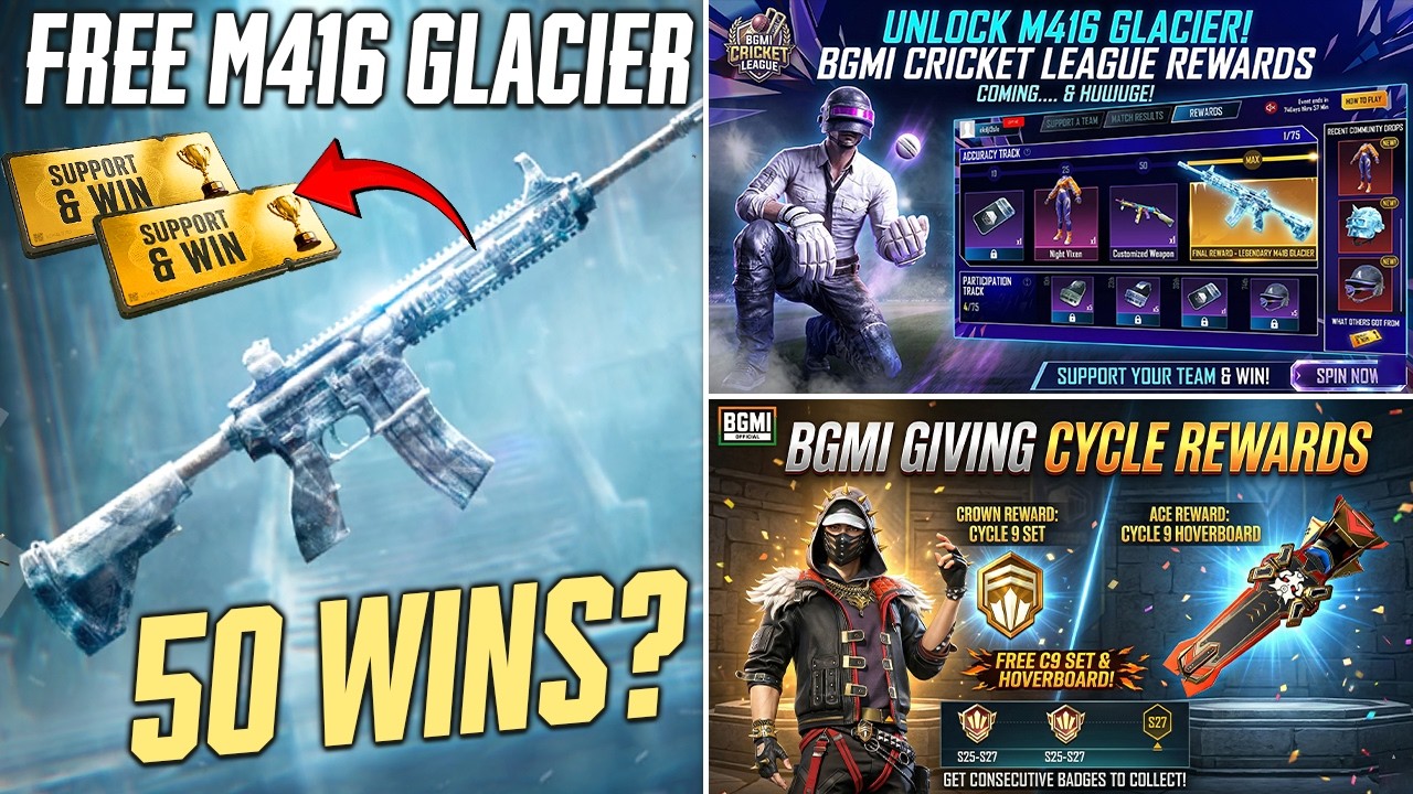 🤫 BGMI 50 WINS AND GET GLACIER M416? || BGMI CRICKET LEAGUE EVENT IN DETAIL | CYCLE REWARDS IS BACK.