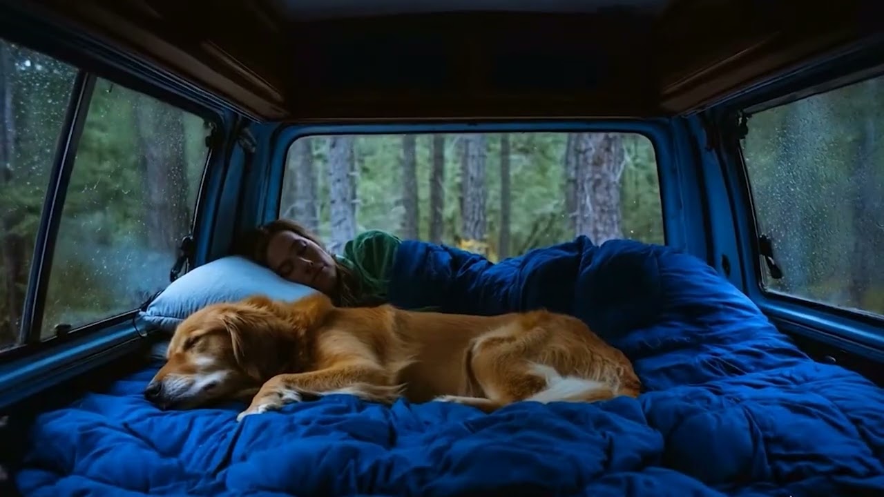 Heavy Rain on the Camper Van Roof 🌧️ Cozy Forest Night Routine with a Sleeping Dog 🐾
