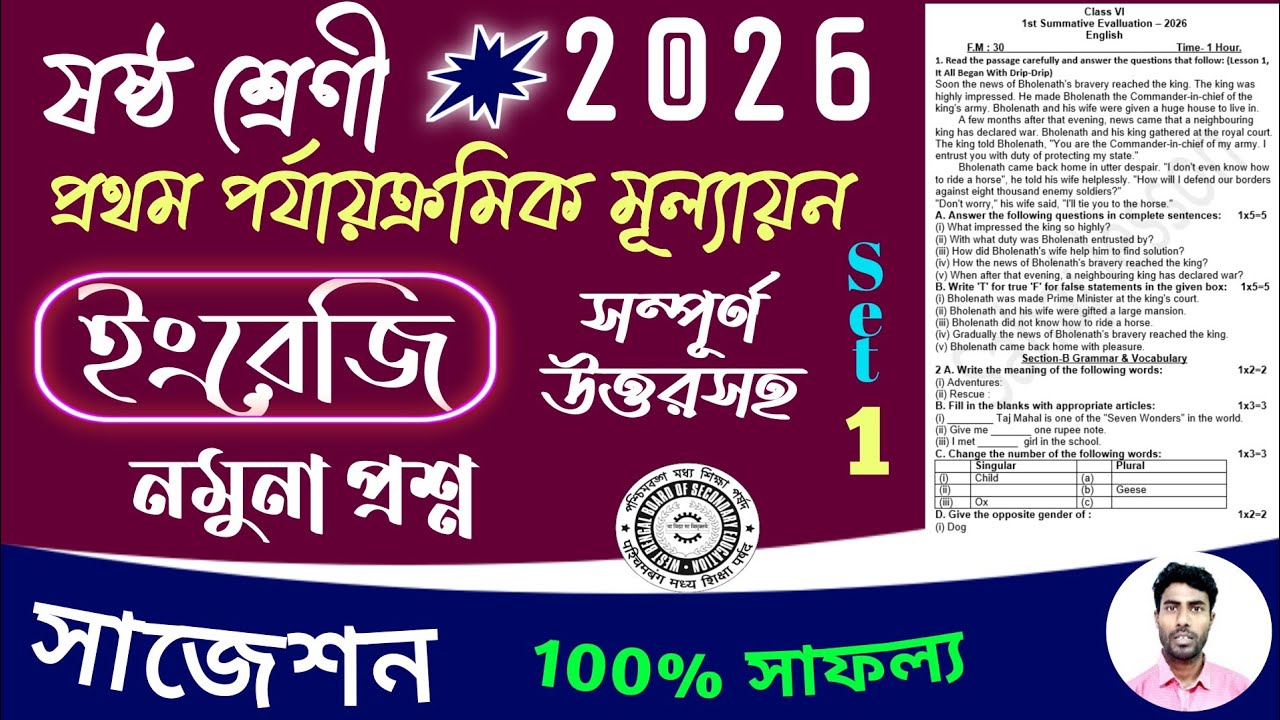 class 6 english 1st unit test question paper 2026 | class 6 1st unit test english suggestion 2026