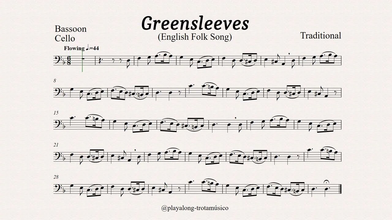 Greensleeves - Bassoon or Cello Playalong Sheet music & Guitar accompaniment backing track