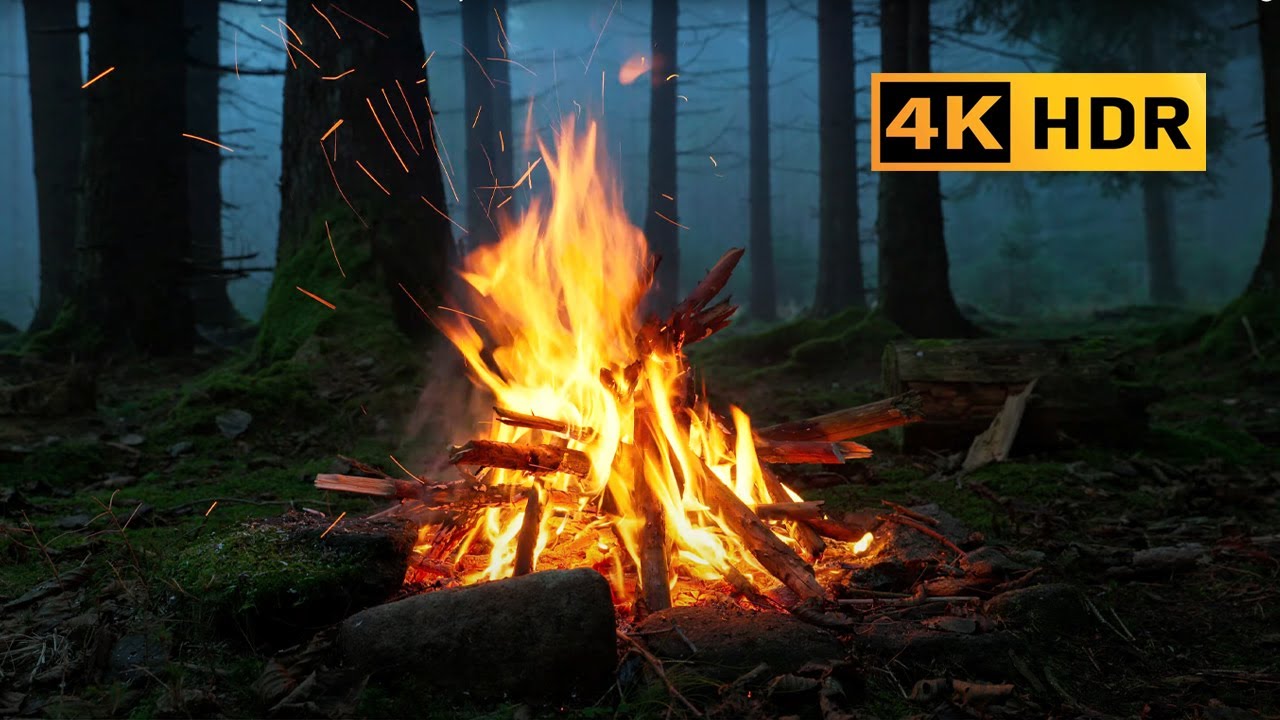 4K HDR Campfire in foggy forest by the river 🔥100% Authentic Sounds
