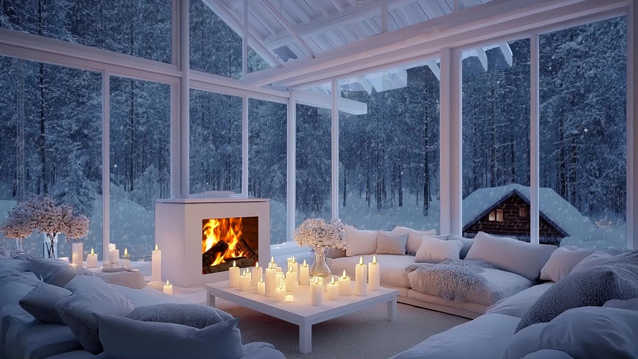 🪵🎼 Cozy Winter Cabin Piano Room | Snowfall, Firelight & Flowers | Sleep Study Focus Calm