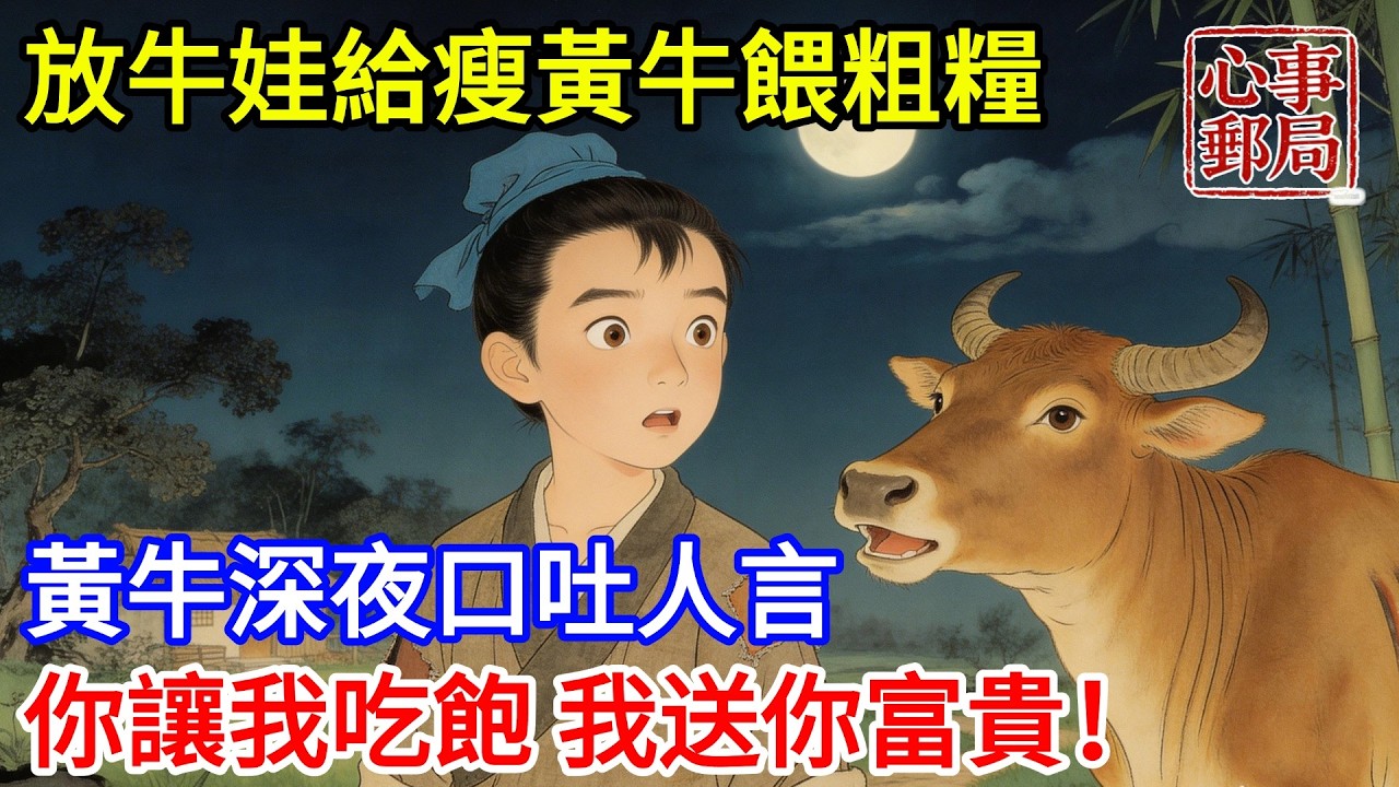 放牛娃天天給瘦黃牛餵粗糧，旁人笑他憨，誰知黃牛深夜口吐人言：你讓我吃飽，我送你三場富貴！【心事郵局】#民間故事#傳統故事#故事頻道#聽書#睡前故事#情感