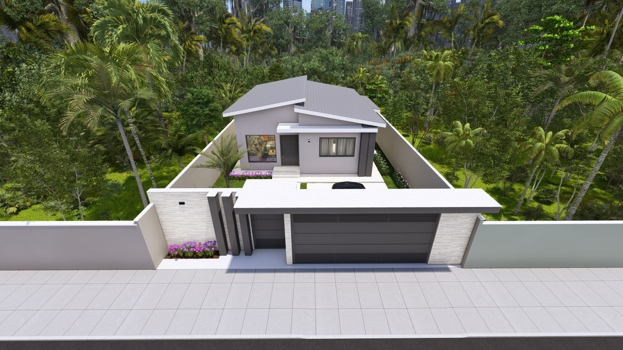 Casa Moderna em 3D com 2 Quartos, 2 Banheiros, Pé Direito Alto e Telhado Aparente
