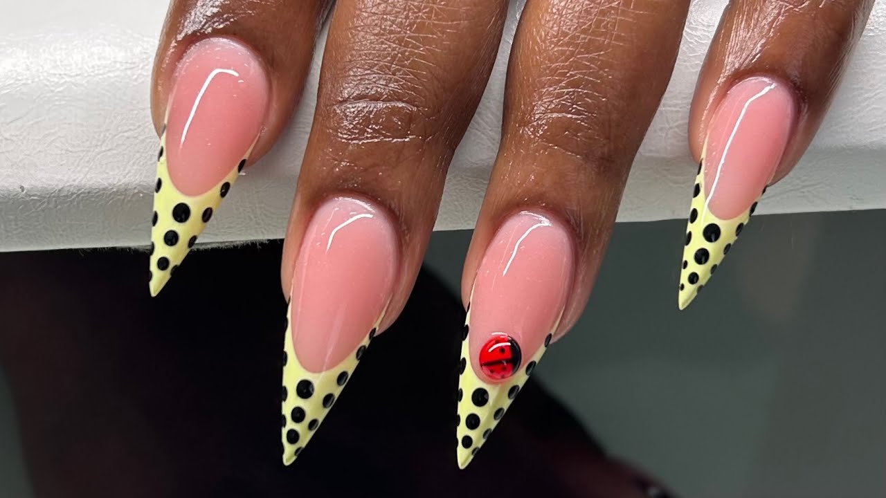 Long Stiletto Polka Dot French Tip 3d Lady Bug Acrylic Nails