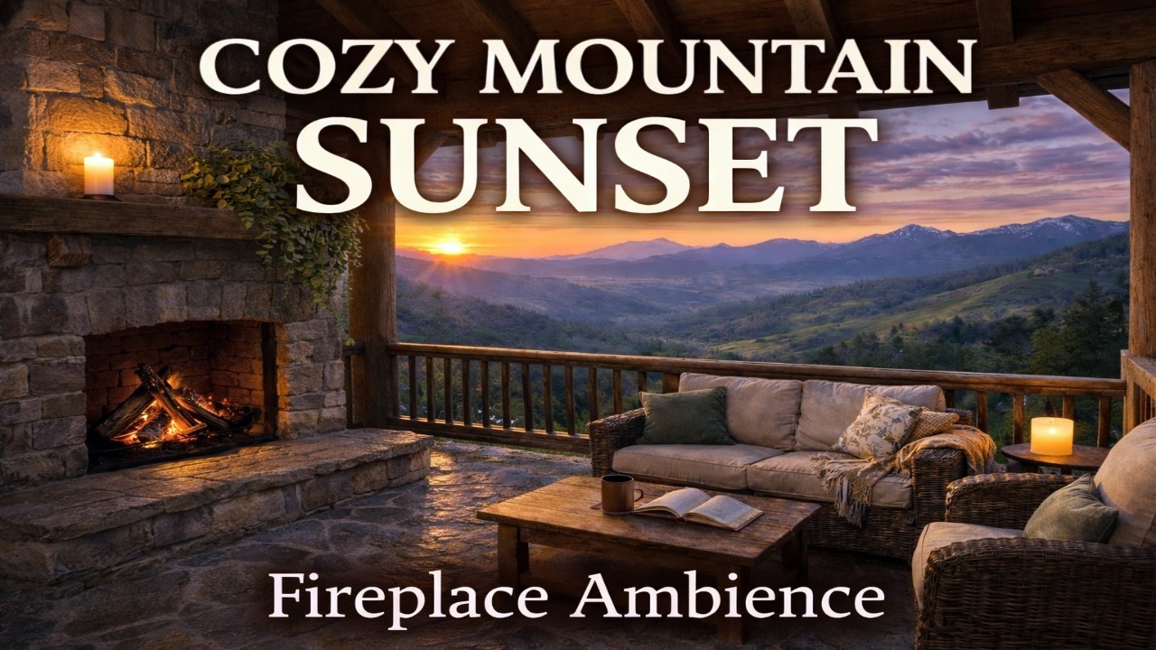 Mountain Cabin Fireplace Ambience at Sunset Relaxing Nature View, Crackling Fire & Peaceful Evening