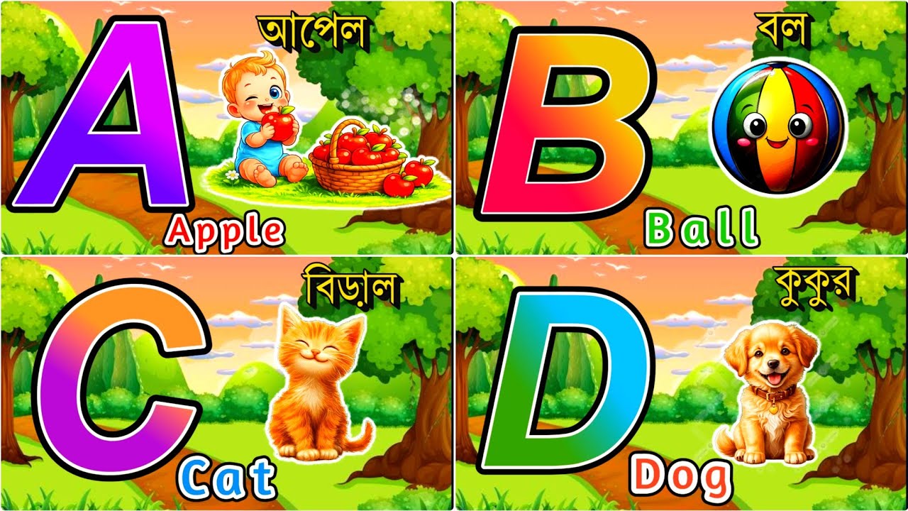রঙিন ছবিতে ABCD শেখা 🌈 | A for Apple 🍎 B for Ball ⚽ | Bangla Kids Learning
