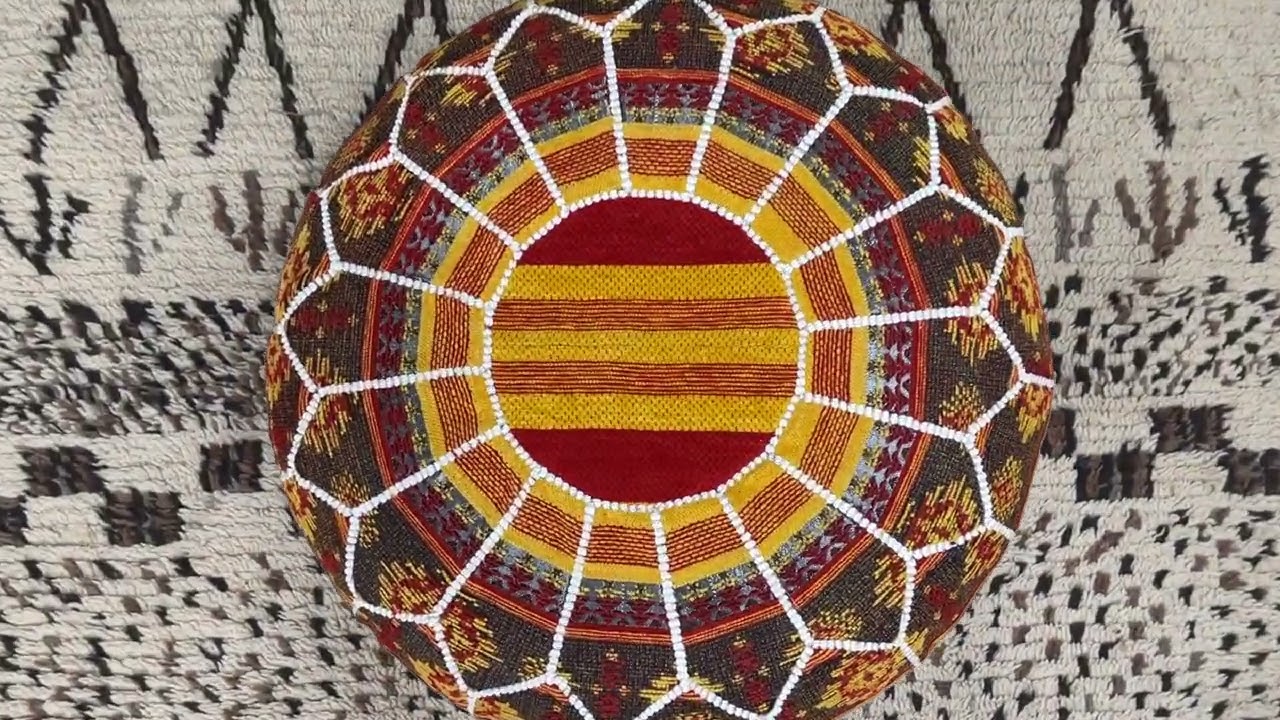 Kechart - Moroccan orange floor ottoman, handmade pouf cover, traditional chairs and ottomans