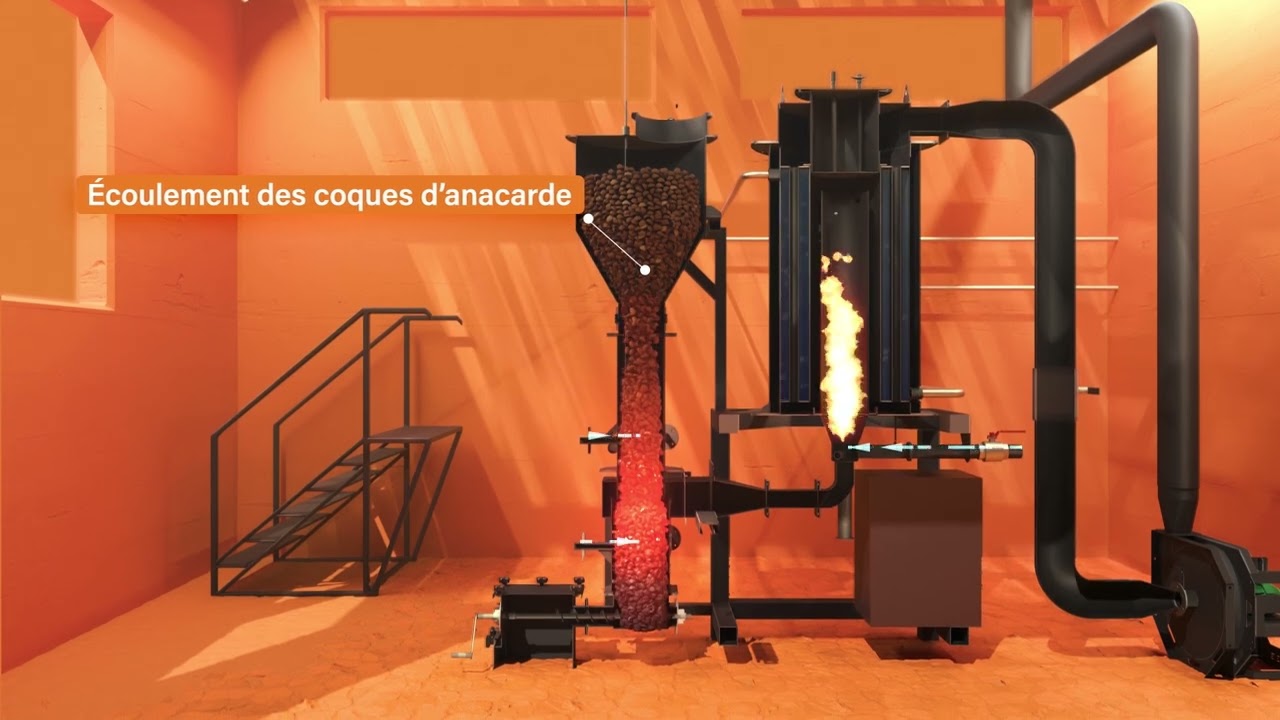 Chaudière à combustion étagée de coques d'anacarde pour alimenter un ou plusieurs séchoirs à mangues