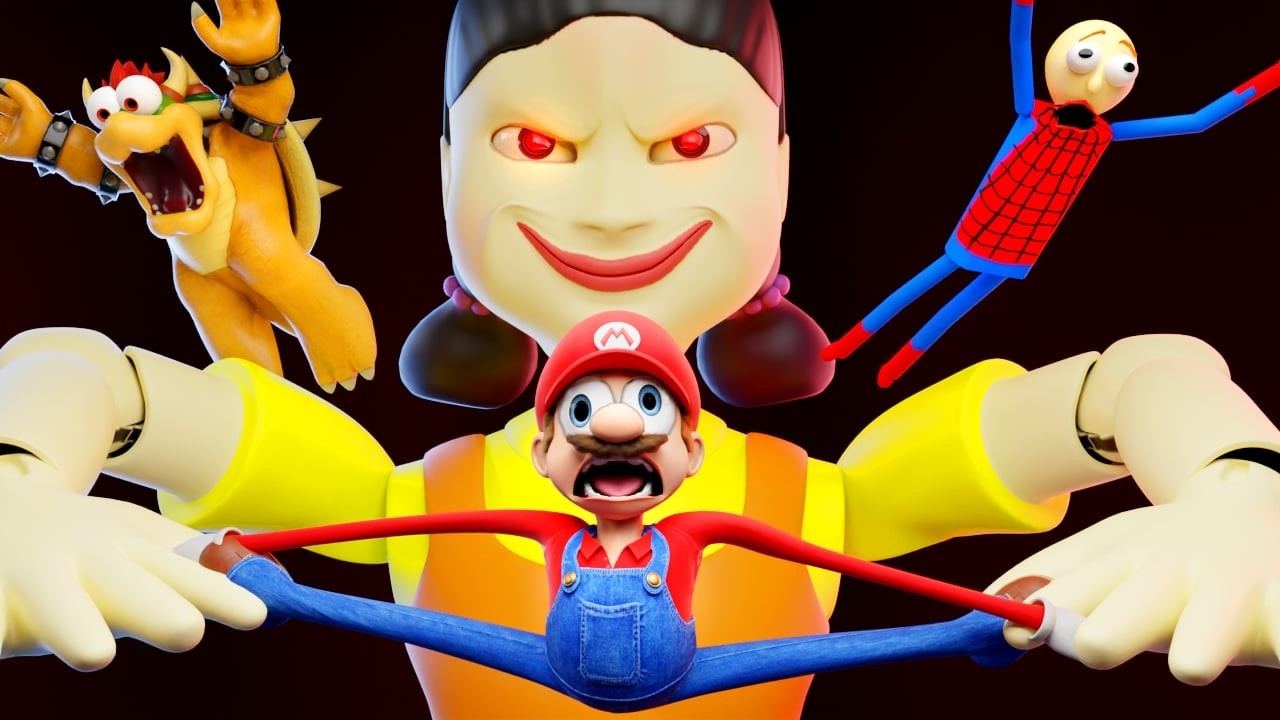 Super Mario Bros and Spider Baldi in the final Squid Game battle against Bowser