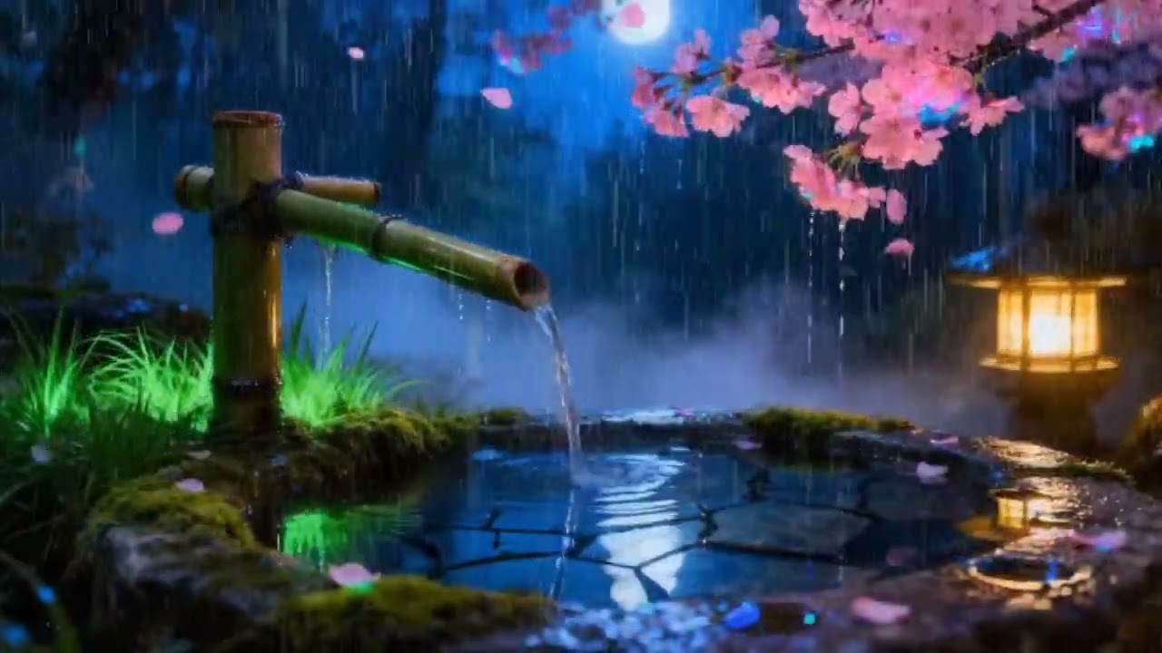 Soft Midnight Rain and Gentle Piano in a Zen Garden | Rest and Relax