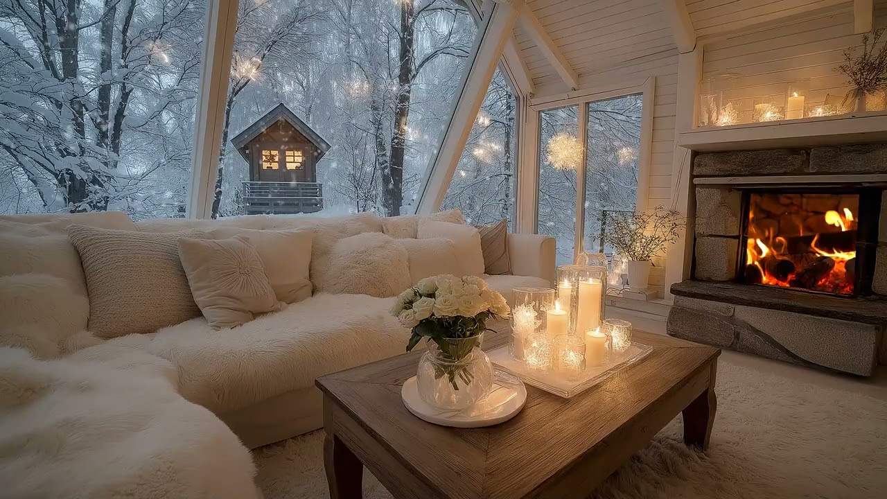 🔥 Peaceful Piano & Snow | Warm Lounge with Candles (5 Hours) | Stress Relief Calm Focus Study