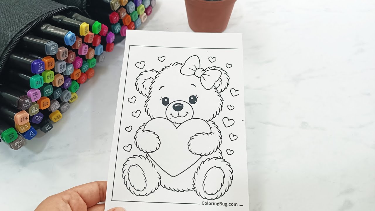 Cute Teddy Bear Coloring Page 🧸❤️  | Relaxing Art for Kids