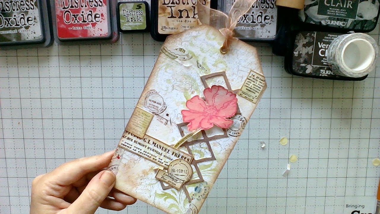 Poppy tag using Paperartsy Alison Bomber stamps and Tim Holtz stencil and die 🥰🌸🏷️