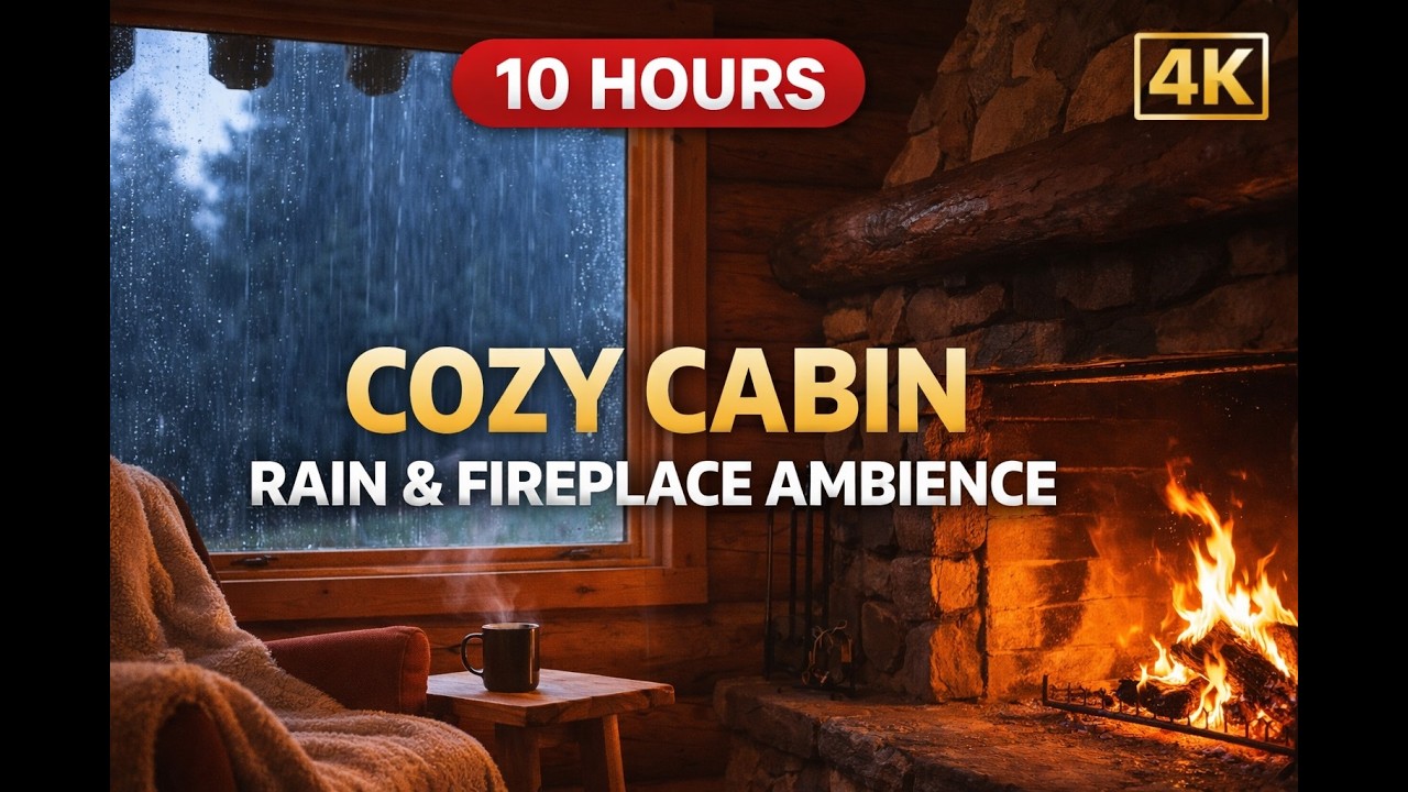 10 Hours Cozy Cabin Rain & Fireplace Ambience