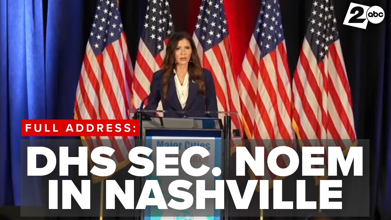 Homeland Security Sec. Kristi Noem speaks in Nashville, Tennessee as her DHS departure is announced