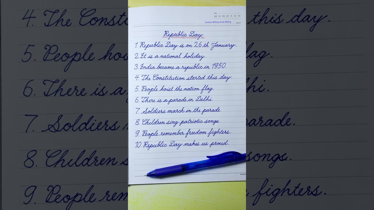 Cursive Writing | 10 Lines Essay on Republic Day | Cursive Handwriting Practice |English Handwriting