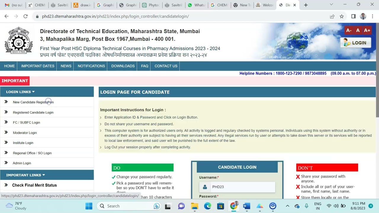 D. Pharmacy 2023 Admissions: Cap Round I Form Filling Live Demo
