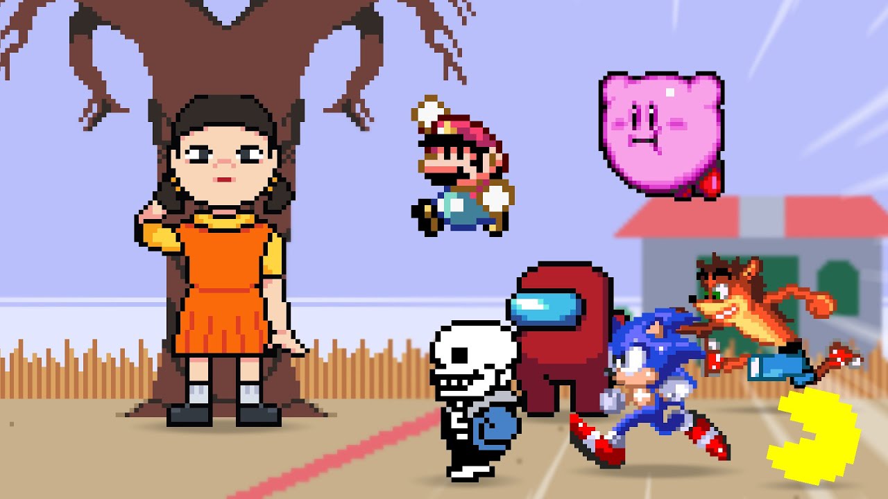 Squid Game vs Video Games | Sonic, Among us, Sans, Kirby, Crash, Mario and Pac-man vs Squid Game