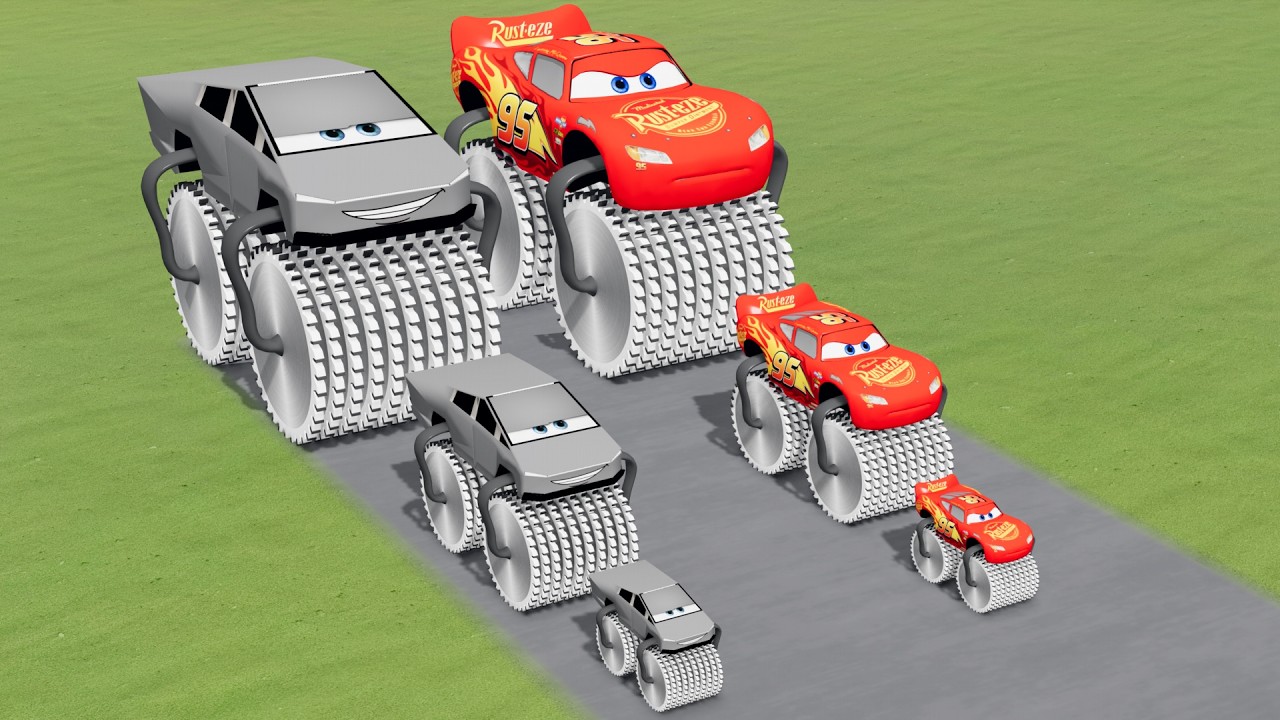 Big & Small Double Monster Saw Wheels: Tesla Cybertruck vs Lightning Mcqueen vs Train | BeamNG.Drive