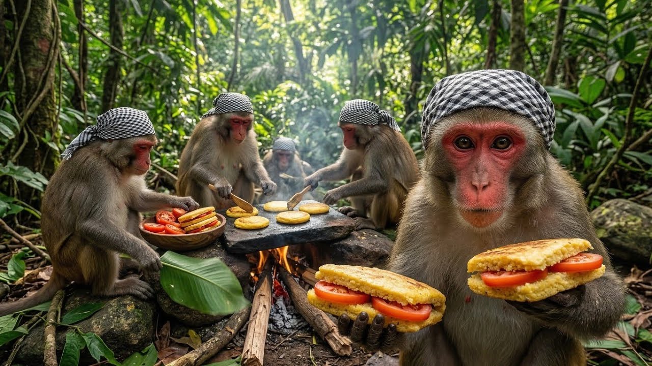 Clever Monkeys Cook Corn and Tomato Bread in the Jungle