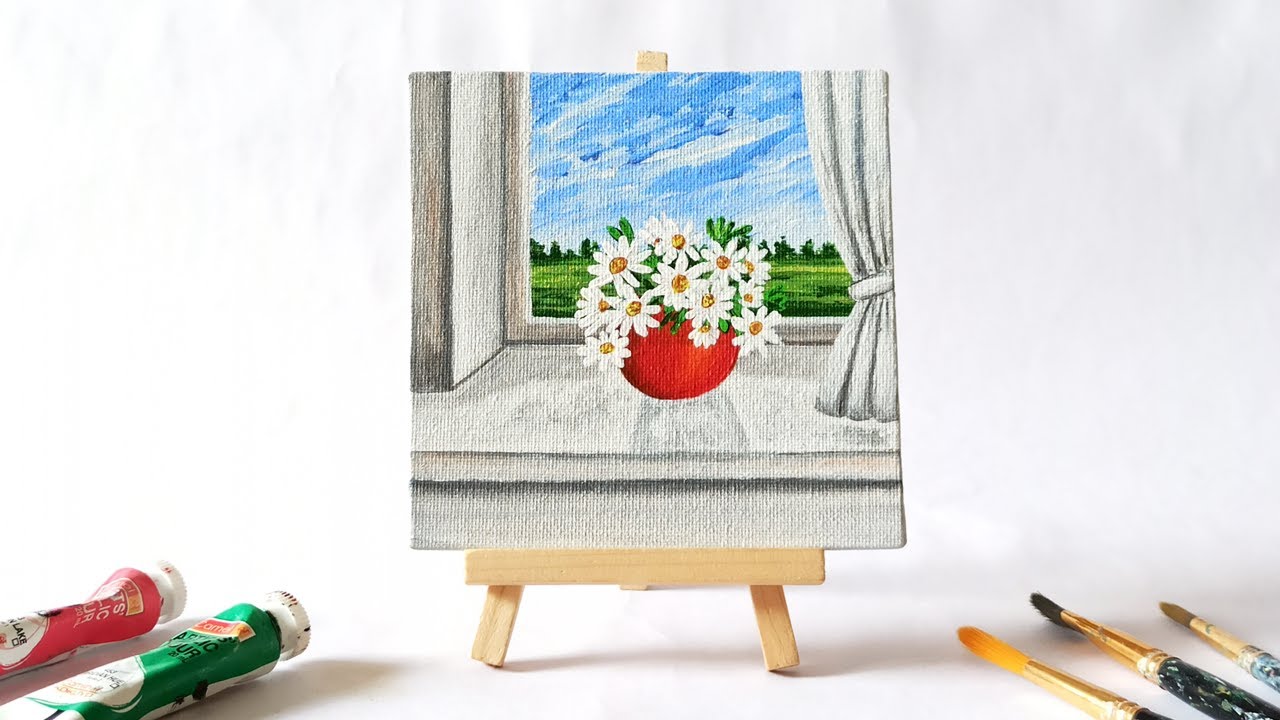 Daisy Flowers Vase Acrylic Painting For Beginners | Easy Mini Canvas Painting Tutorial