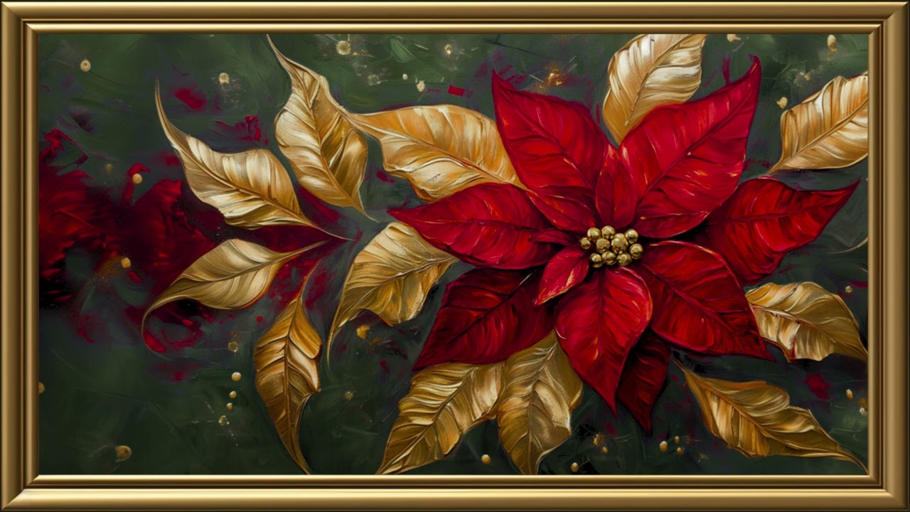 Vintage Red Poinssettia Painting | Gold Frame TV Art | Art Screensaver for TV 2 Hrs