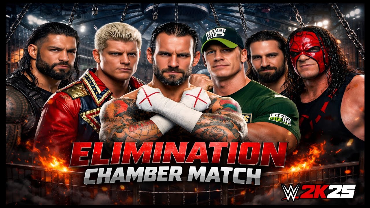 Elimination Chamber Match Roman Reigns vs Cody Rhodes Vs CM Punk Vs Kane Vs Cena Vs Rollins WWE 2k25