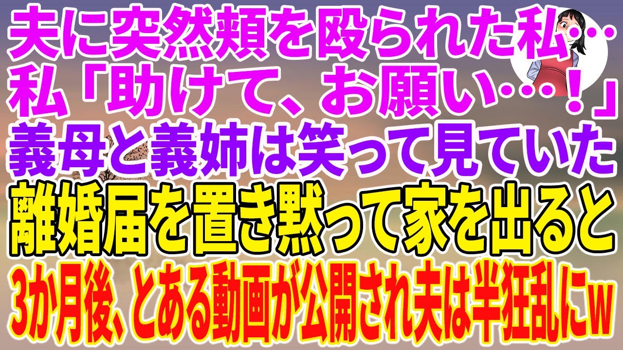 【スカッとする話】夫に突然頬を殴られた私…。私「助けて、お願い…！」義母と義姉は笑って見ていた。離婚届を置き黙って家を出ると、3か月後、とある動画が公開され夫は半狂乱にw【朗読】【スカッと】