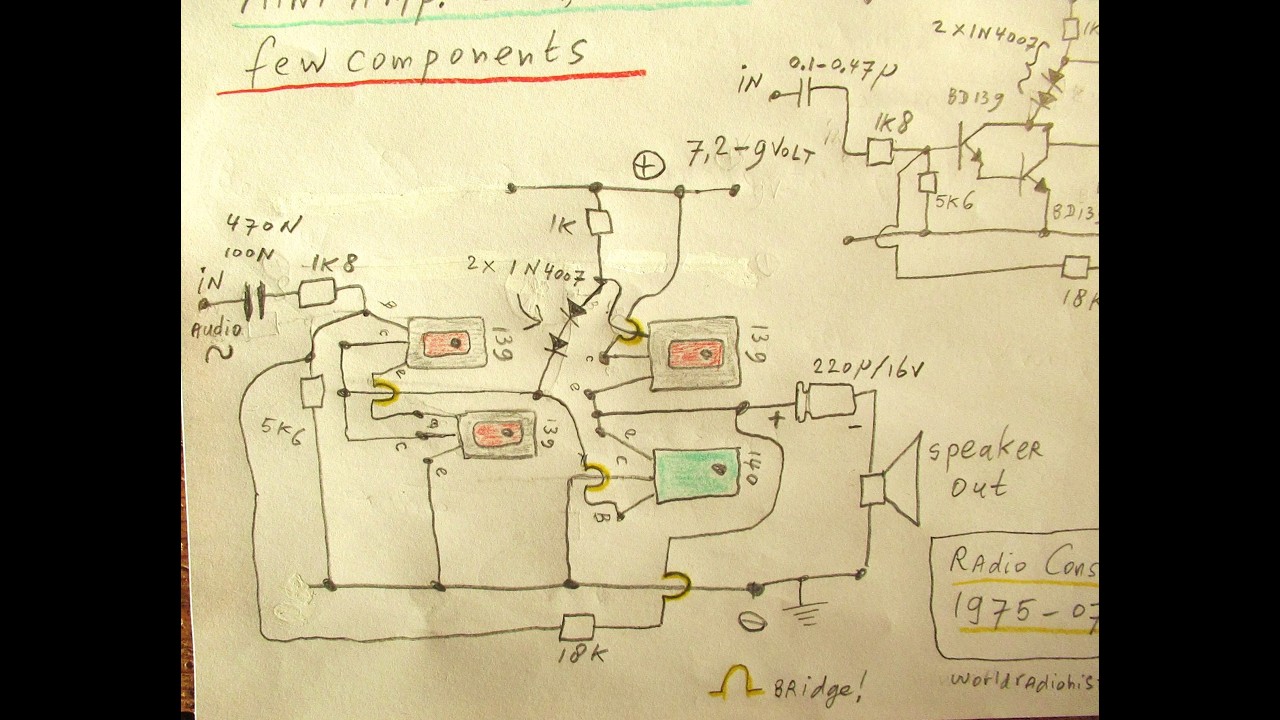 Mini 4 transistor Audio amplifier (utility) 0.8 Watt (schem. & demo) A 1975 circuit, modernized