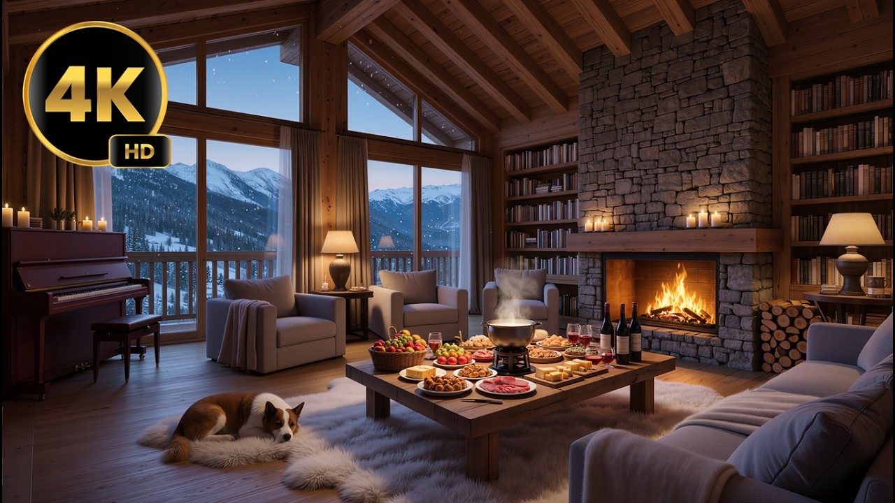 Cozy Winter Chalet Ambience with Smooth Jazz Piano 🎹🔥 | Fireplace, Gourmet Dinner & Relaxing Dog