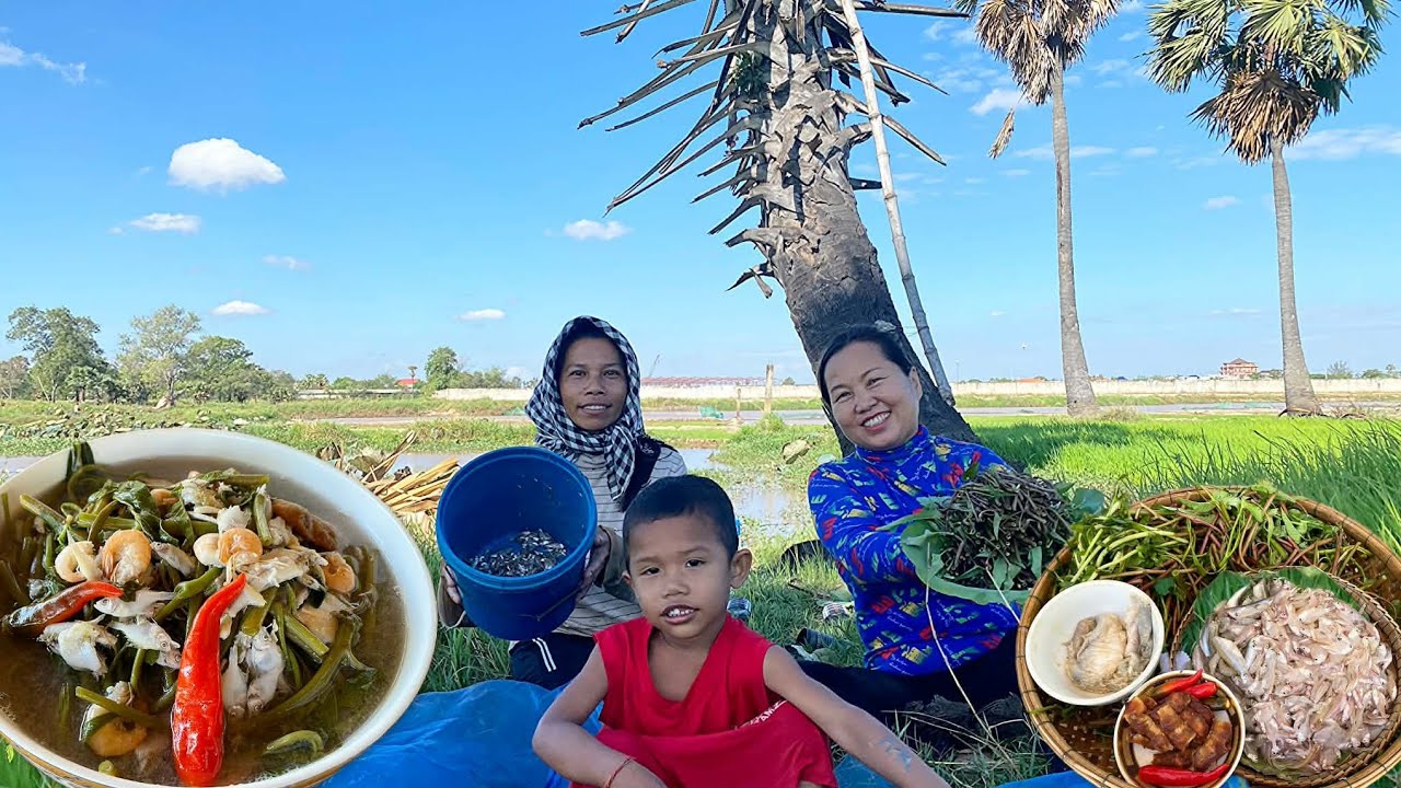 Catching Small Fish and Picking Water Spinach in the Rice Field | Cambodia Village Cooking