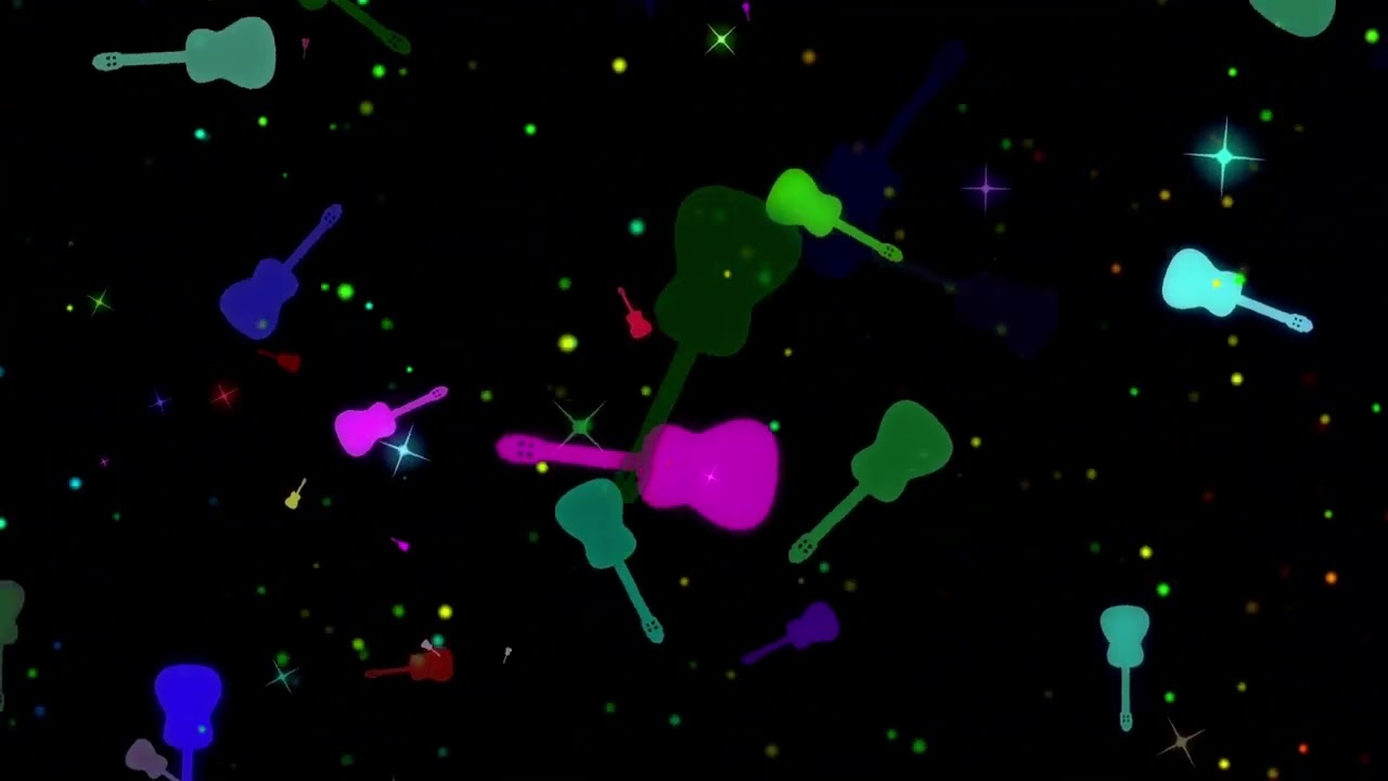 Multicolored guitars are flying Background looping animation Abstract Glow Particles