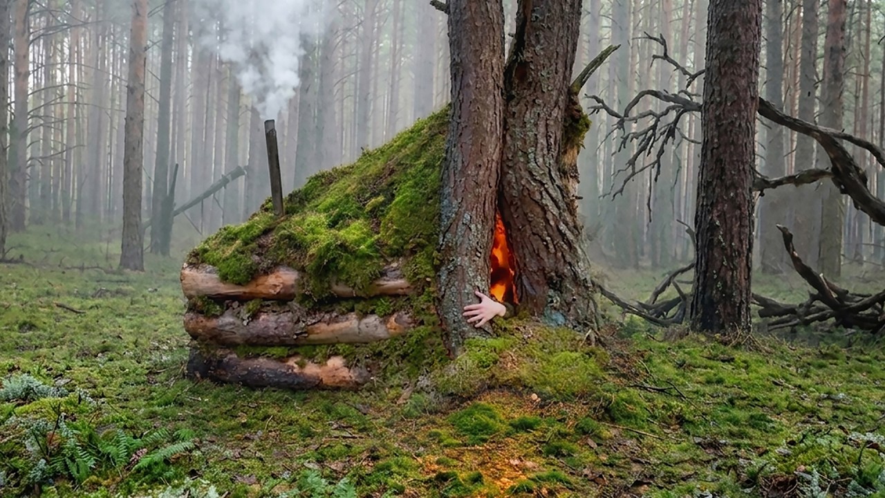 Cozy Shelter Inside a Living Tree. ALONE in the Wild Forest | Solo Bushcraft