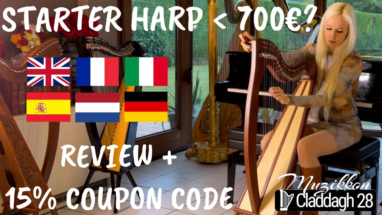 Low Cost Harp unboxing & review in 6 languages - Muzikkon 28 string Claddagh