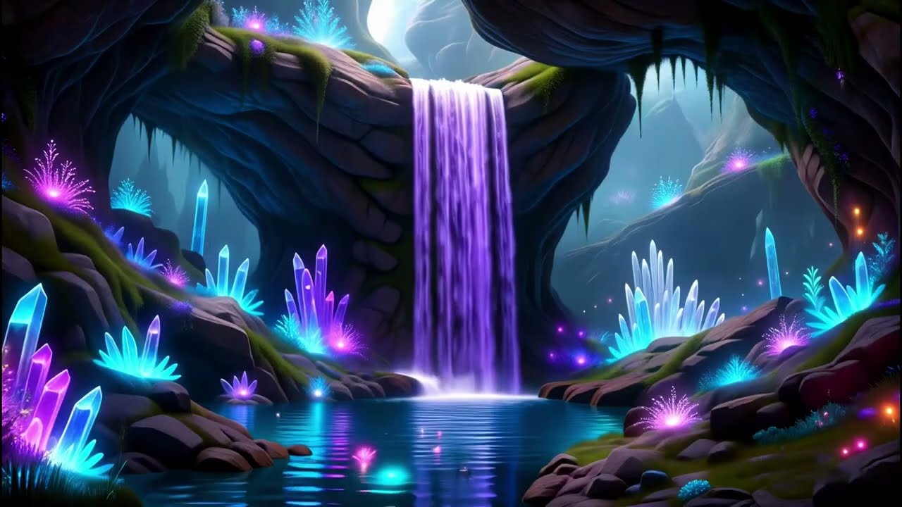 Aesthetic Fantasy Cave 💎✨ Crystal Waterfall & Calm River Meditation Ambience