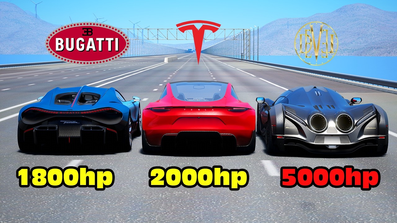 Devel Sixteen vs Tesla Roadster vs Bugatti Tourbillion DRAG RACE