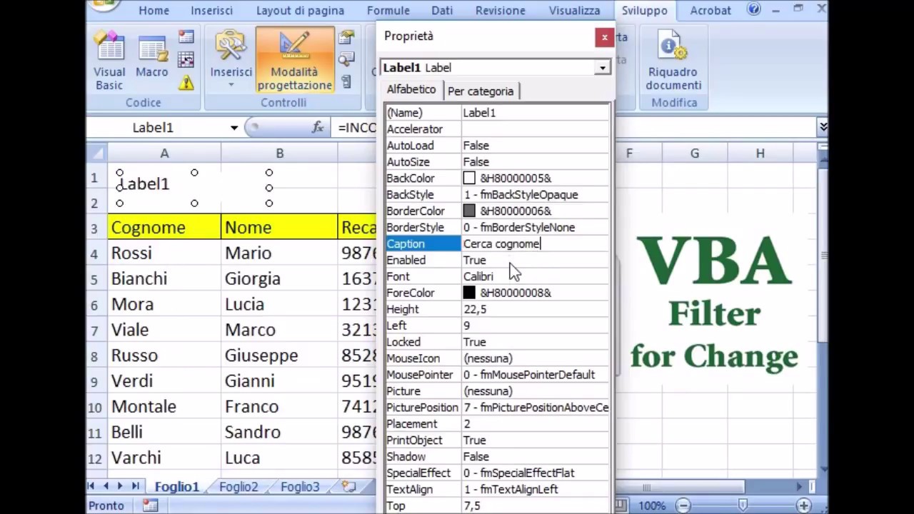 FILTRO di RICERCA su DATI EXCEL con una TextBox programmata all'evento CHANGE di VBA, MACRO e SUB