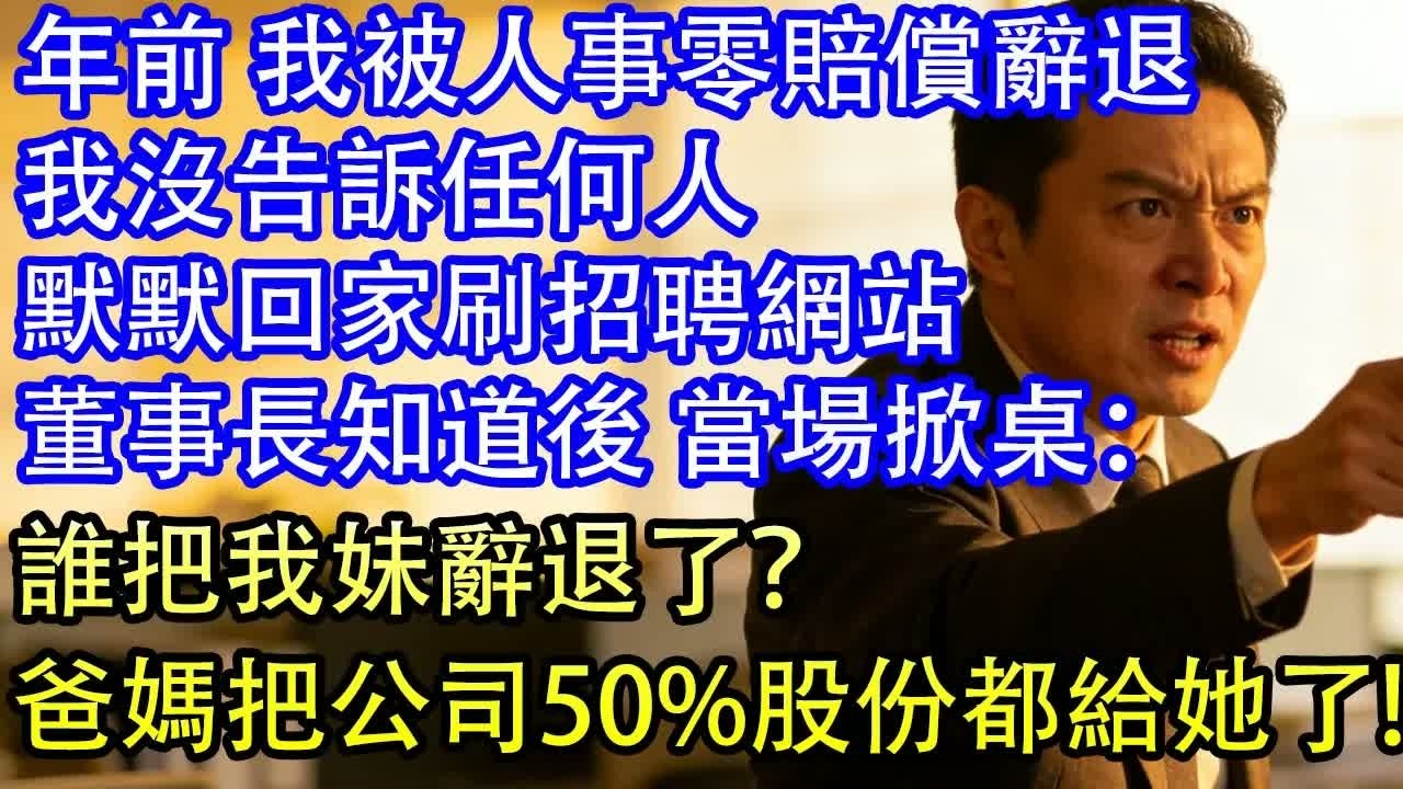 年前 我被人事零賠償辭退我沒告訴任何人默默回家刷招聘網站董事長知道後 當場掀桌：誰把我妹辭退了？爸媽把公司50%股份都給她了!