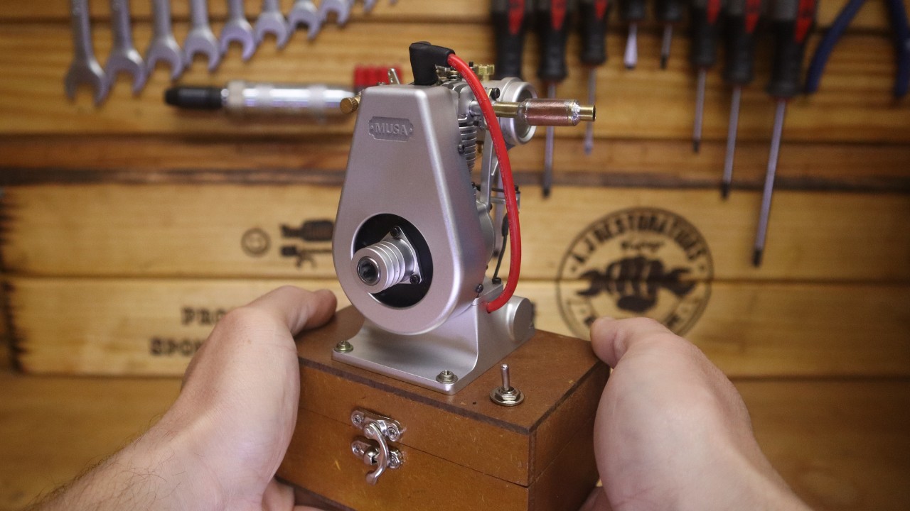 Having fun with a tiny 2.7cc vintage style four stroke engine.