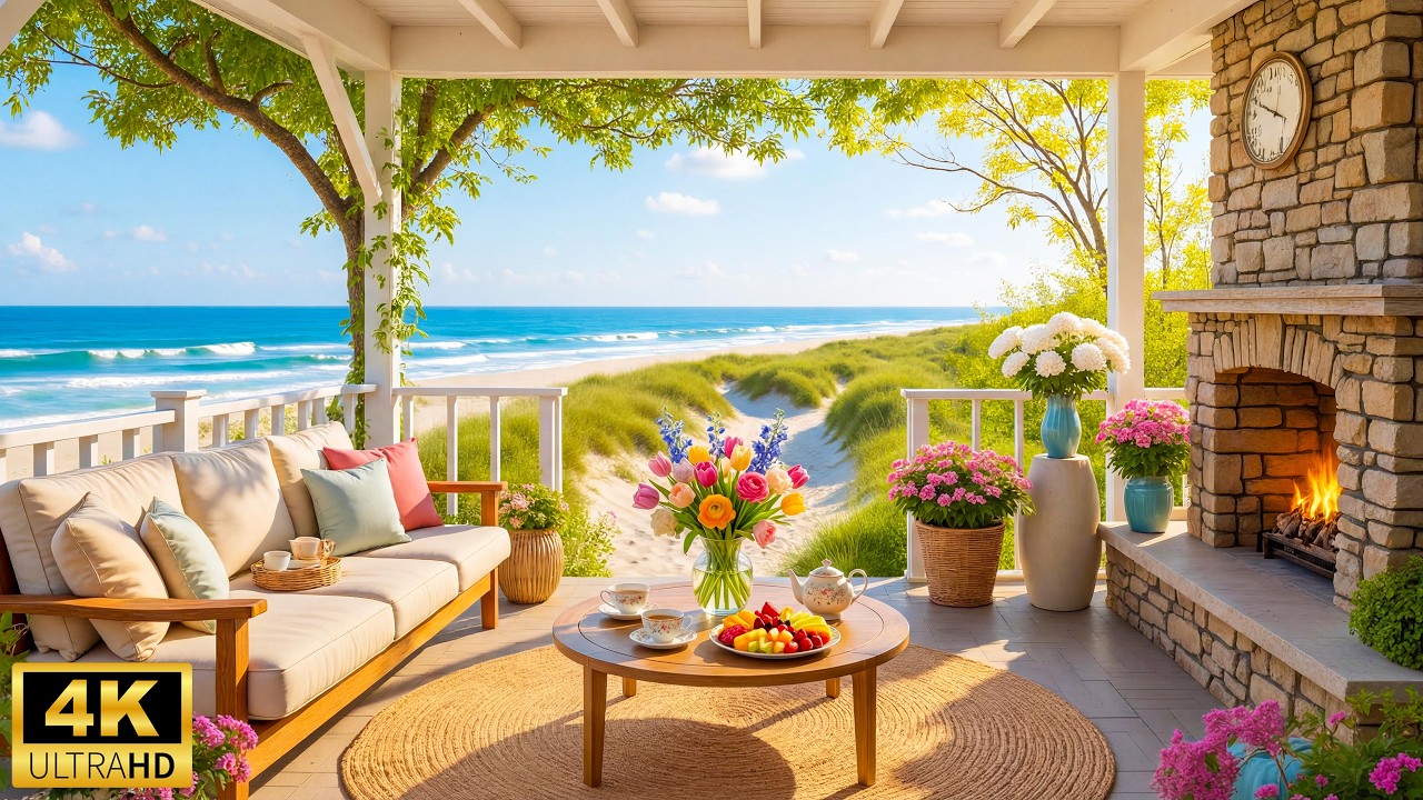 Cozy Spring Beachfront Porch with Fireplace Sounds 🌺🌊 Relaxing Piano Music & Ocean Waves for Sleep