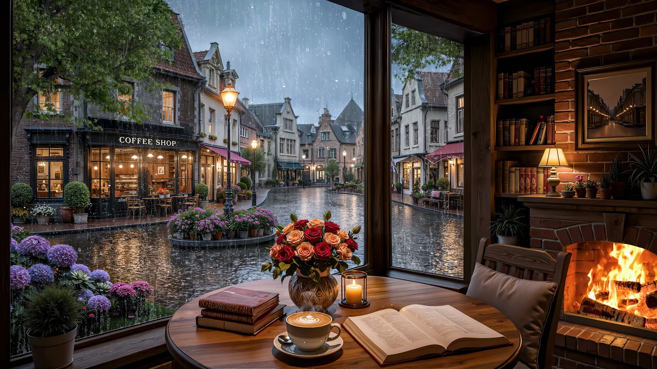 Summer Coffee Shop Ambience on a Peaceful Rainy Day ☕ Smooth Jazz & Fireplace Sounds for Unwind