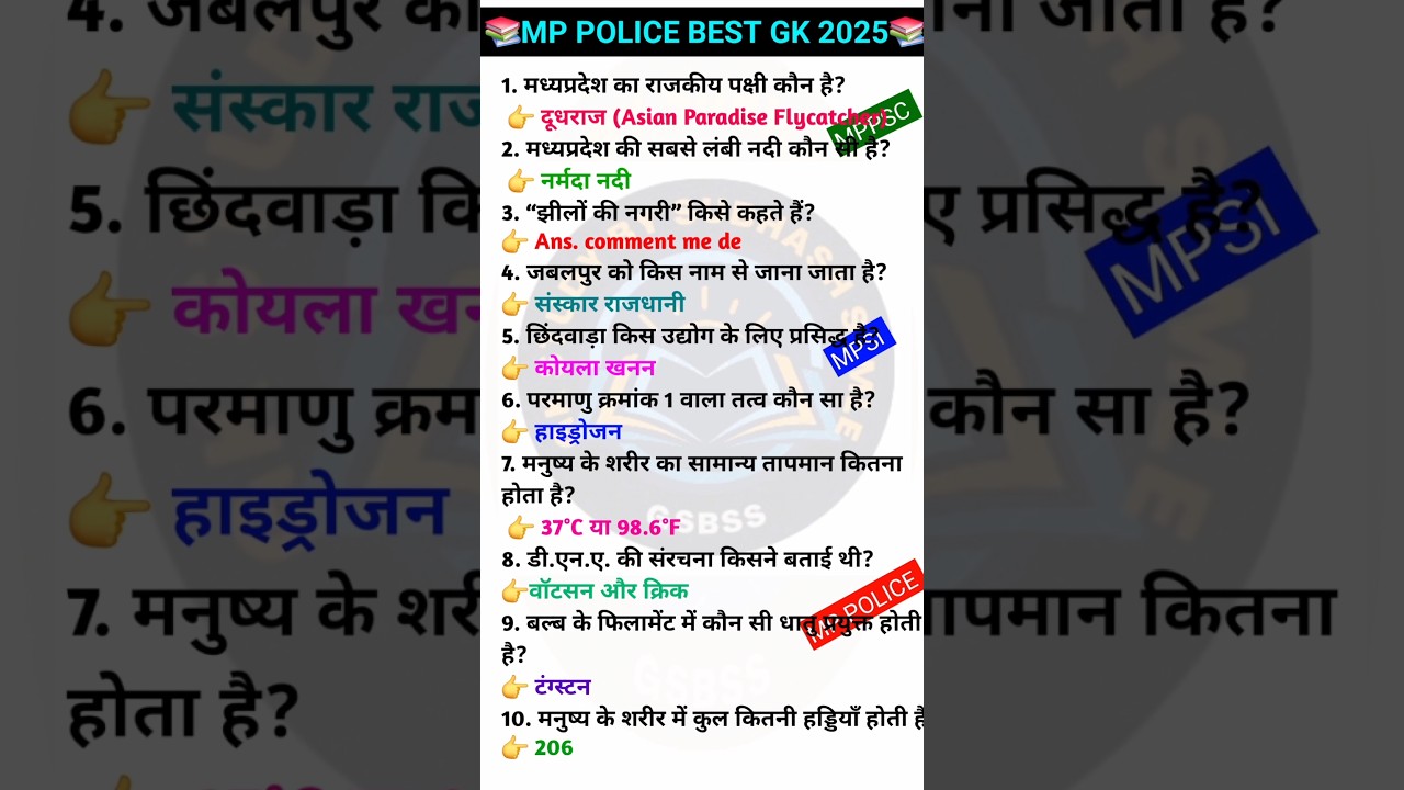MP POLICE GK 2025 MP GK SHORT MP GK QUESTION #gk #mpgk #GKINHINDI #MPPOLICE #mpsi